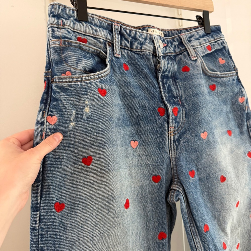 We The Free Deep Trance Embroidered Dropped Boyfriend Jeans Heart Blue Bo 28ho - Picture 3 of 9